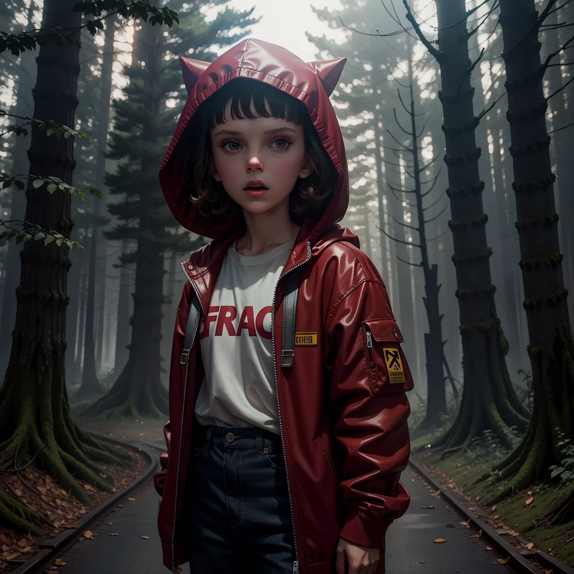 Millie Bobby Brown, mbb, wearing a red jacket and a hood in a dark forrest, horror style, stranger things, netflix, 