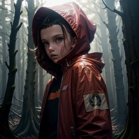 millie bobby brown, mbb, wearing a red jacket and a hood in a dark forrest, horror style, stranger things, netflix,