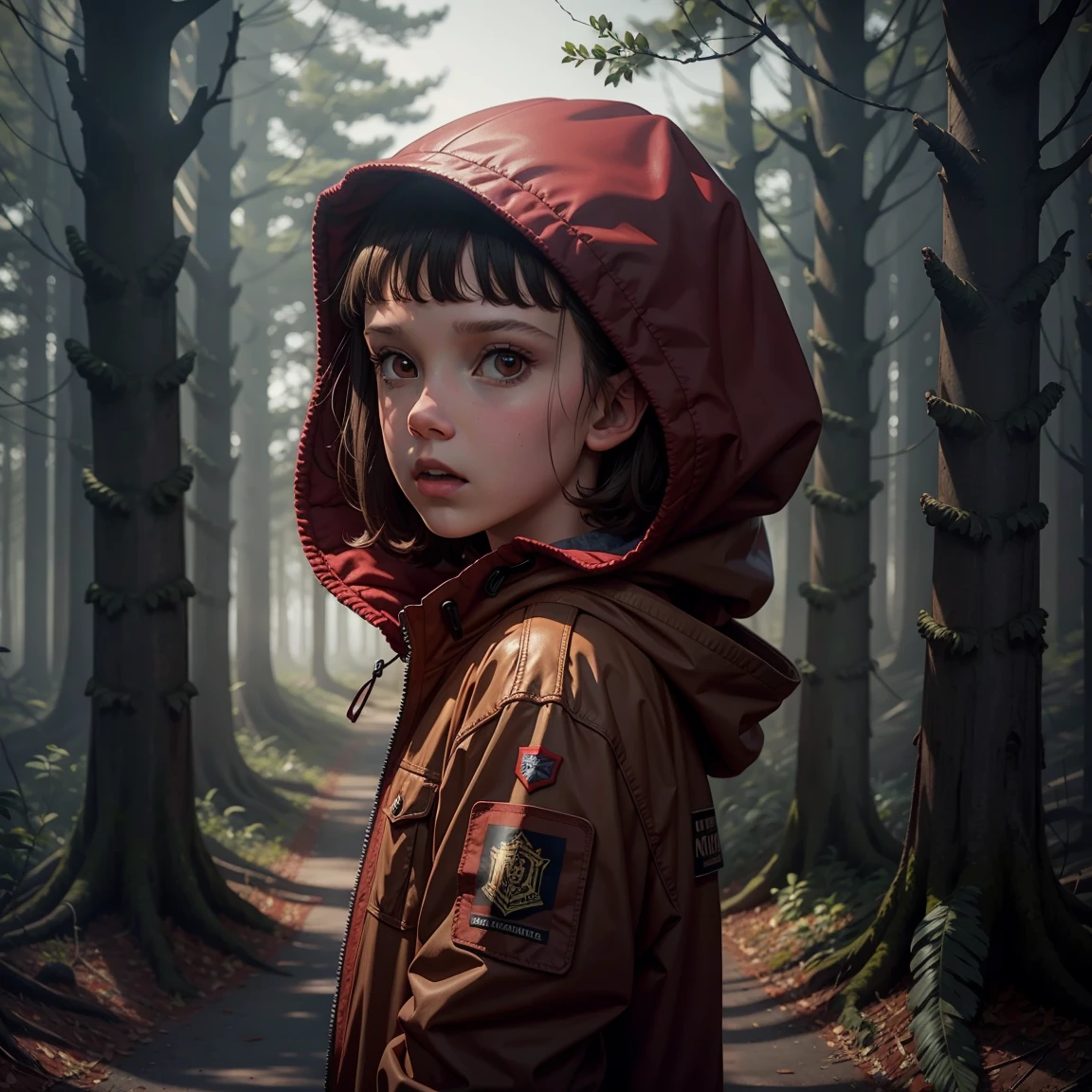 Millie Bobby Brown, mbb, wearing a red jacket and a hood in a dark forrest, horror style, stranger things, netflix, 