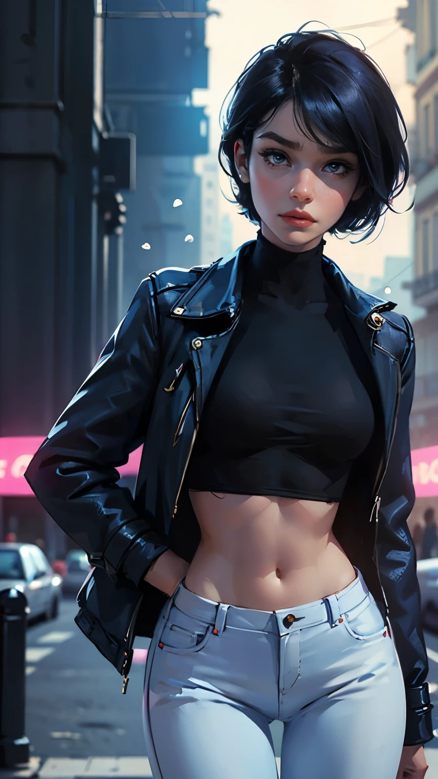 LadyBug, Paris, pretty face, Marinette Dupin-Cheng, short black pixie hair, blue women's jacket, white turtleneck tank top, jeans, white ballet flats, medium-sized breasts, slender body, 17 years old, model shots, Paris at night, bright lights, neon