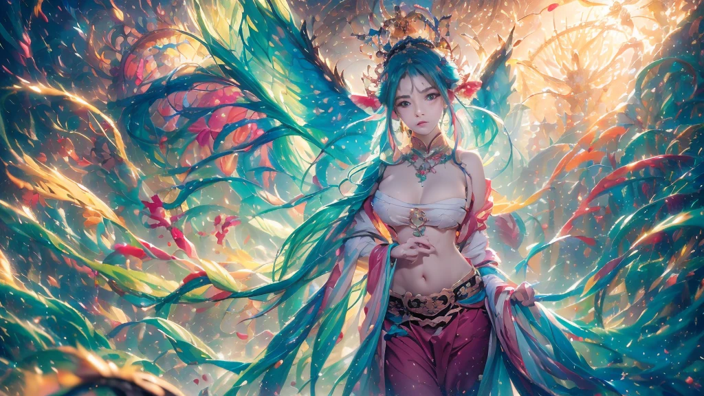 ( Absurd, High quality, Ultra-detailed, Masterpiece, concept-art, smooth, high detail artwork, Hyper-realistic painting , high resolution, paint splatter, colored splashing, Splash of Ink, colored splashing), (( Rainbow hair)),elf, Plum elf, plum , Transparent fairy wings, wearing only his underwear，huge tit，low chest，fairytale-like, Romantic, Vivid, Whole body,hand behind back，Malu，largeeyes，（Eye focus），Cosmic eyes，Space eyes，looking to the camera，In nature with waterfalls，PureErosFace_V1，Urzang-6500-V1 Edition, Edition, Edition.1，