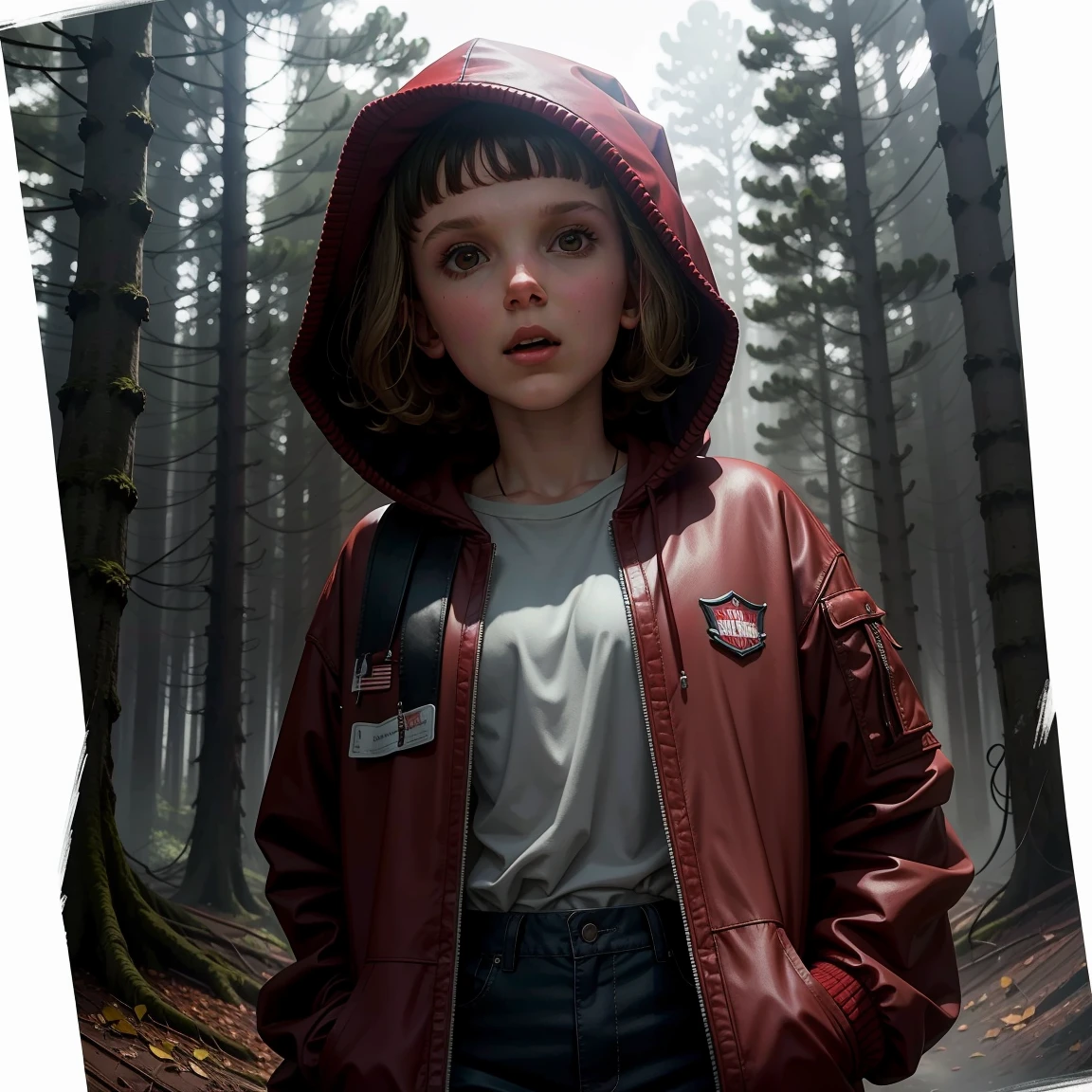 Millie Bobby Brown, mbb, wearing a red jacket and a hood in a dark forrest, horror style, stranger things, netflix,