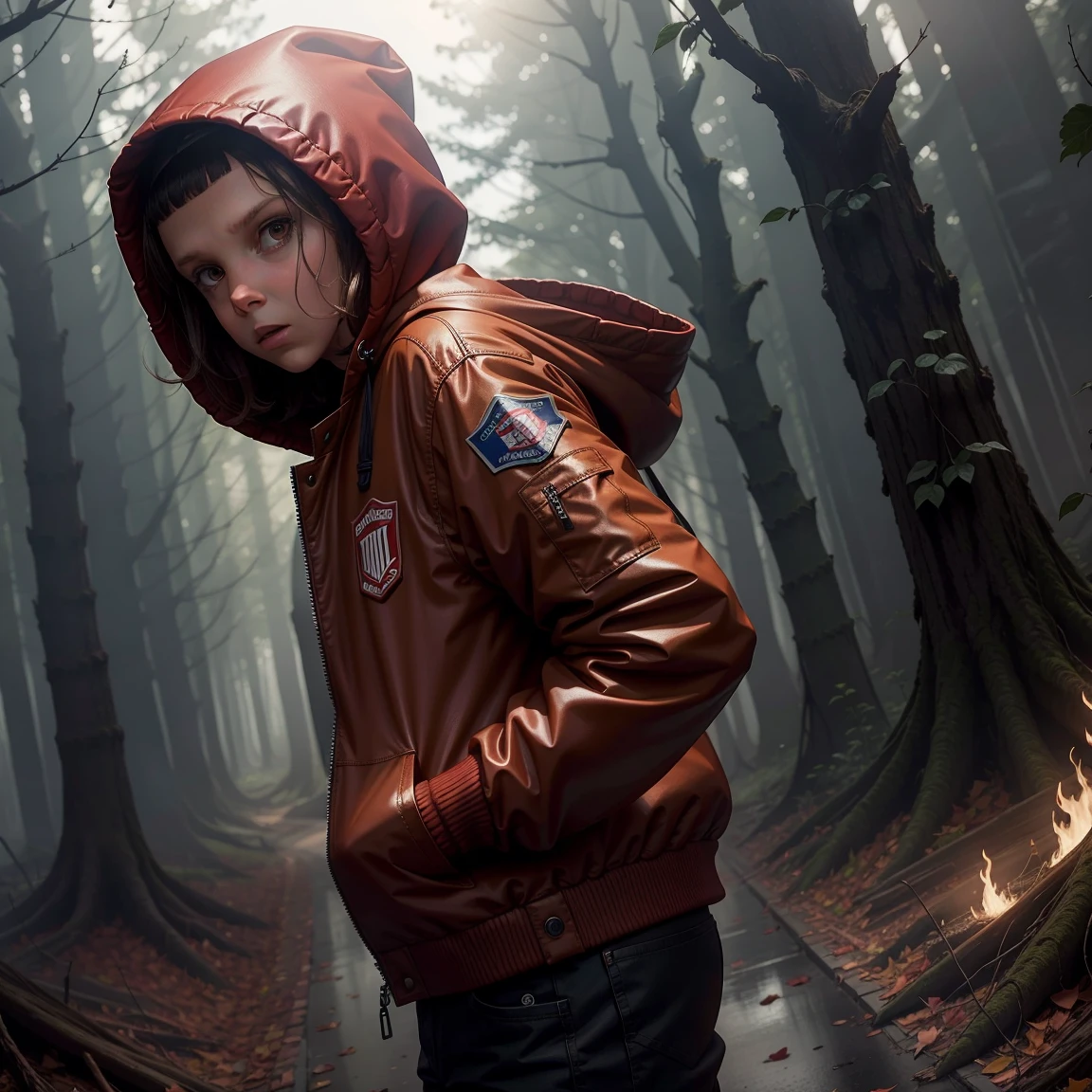 Millie Bobby Brown, mbb, wearing a red jacket and a hood in a dark forrest, horror style, stranger things, netflix,