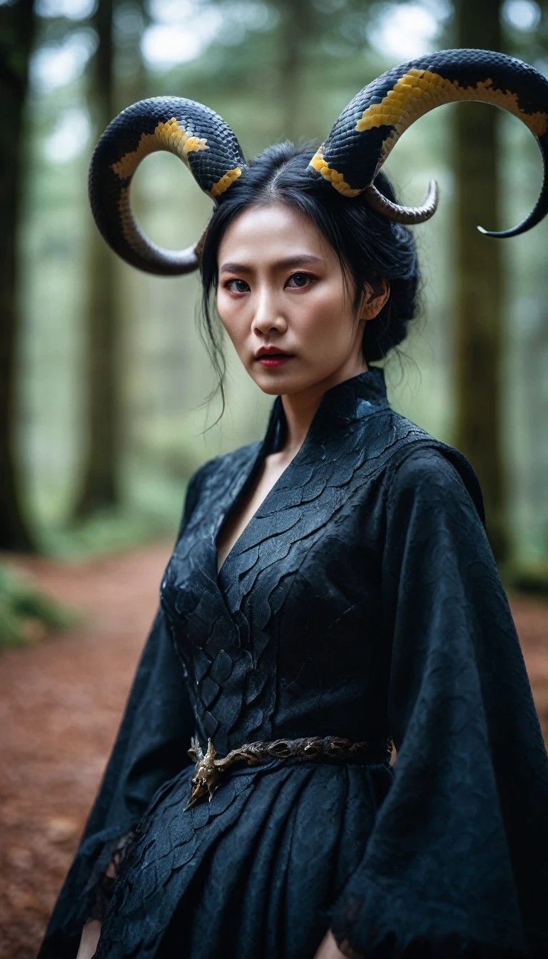 In a horror setting、Breathtakingly realistic artwork。This scene、zeiss otus 85mm f/1.Shot on a Canon EOS R5 full-frame mirrorless camera with 4 lenses。To accentuate her eerie presence and exquisite detailing、It is shot from eye level。The upper body of the woman is covered with two beautiful horns.、A monster with the lower body of a giant snake。The woman&#39;s face is mysterious、Wearing beautiful Japanese clothing。The background is set to Japanese forests and temples with a mysterious atmosphere.、Darken overall、Create a mysterious atmosphere. Use dark, muted colors.、Cold and bluish、Meticulously graded in ACES color space、It has an eerie color tone like a movie.。As for composition、It has been meticulously crafted to eliminate imperfections and distractions.、Pushing the boundaries of photorealism、Perfect and spine-chilling images guaranteed。 --ar 9:16 -- at 6.0 --q 2 --s 1000