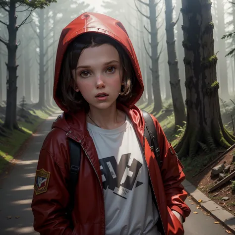 millie bobby brown, mbb, wearing a red jacket and a hood in a dark forrest, horror style, stranger things, netflix, (( millie bo...