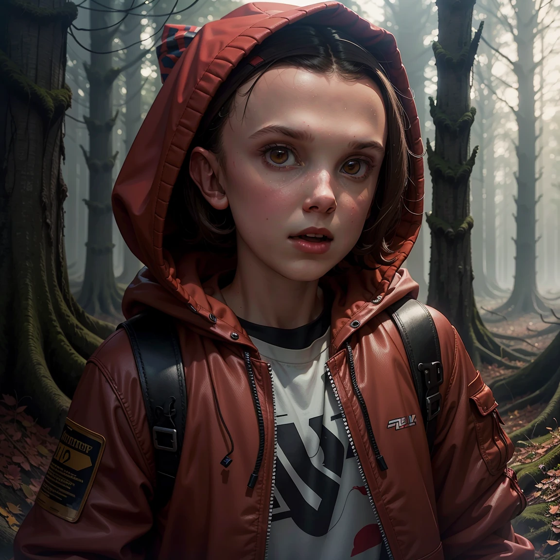 Millie Bobby Brown, mbb, wearing a red jacket and a hood in a dark forrest, horror style, stranger things, netflix, (( millie bobby brown )) , eleven