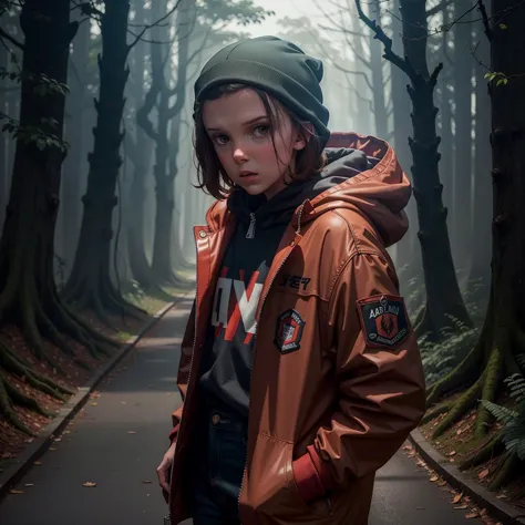 millie bobby brown, mbb, wearing a red jacket and a hood in a dark forrest, horror style, stranger things, netflix, (( millie bo...