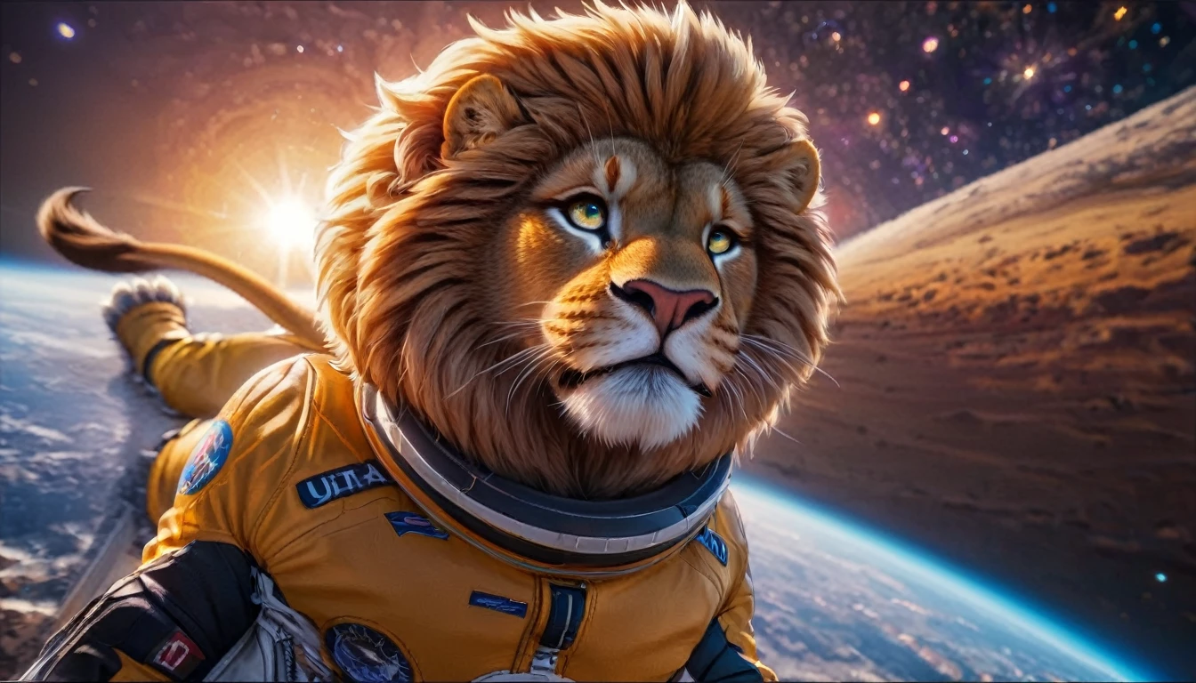 Arafed a picture of a anthomorph lion astronaut he stands on the moon (roaring: 1.3), open maw, mouth opened sense awe, sense of might, king of space, to space, an epic (anthomorph lion: 1.3), Ultra detailed head, open maw, best detailed head(wearing astronaut suit: 1.5), feline eyes, dynamic colors eyes, roaring as he stands on the moon roaring to space, the vastness of space above the king of space, many stars above him, vibrant, Ultra-high resolution, High Contrast, masterpiece:1.2, highest quality, Best aesthetics), best details, best quality, highres, ultra wide angle, 16k, [ultra detailed], masterpiece, best quality, (extremely detailed), Intense Gaze, Cinematic Hollywood Film, furry