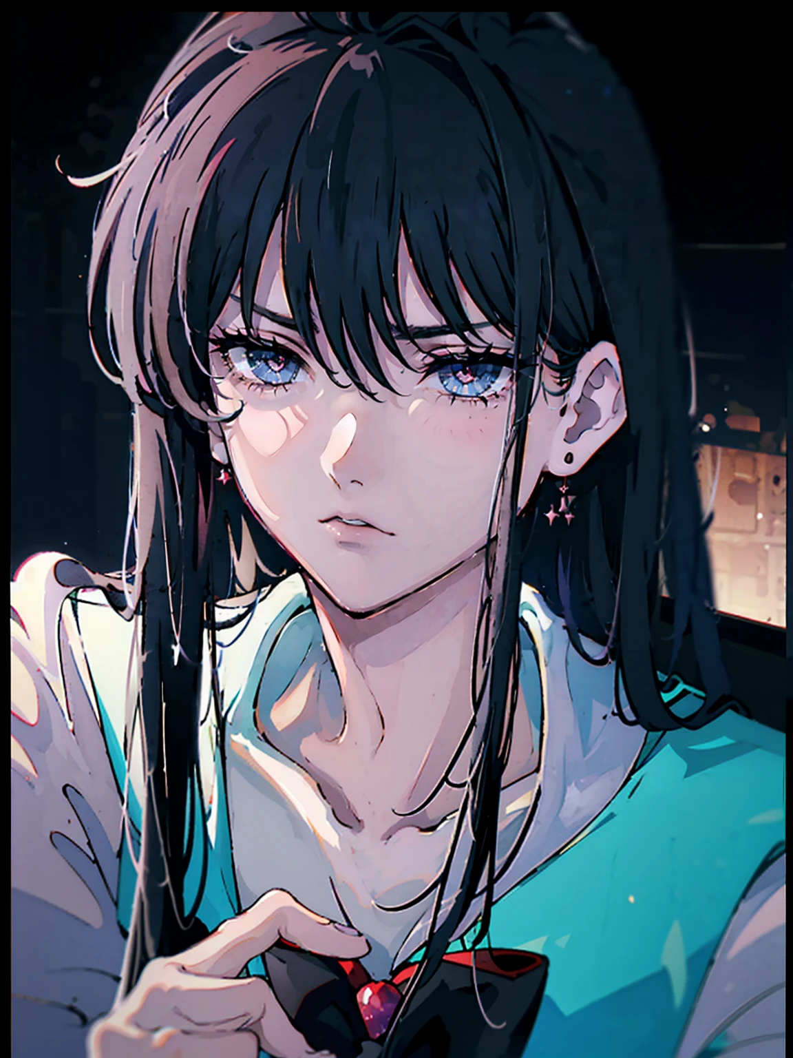 dark, masterpiece, Highest quality, 8K、Sailor Mars Red Collar, (Unhealthy face:1.9, Dark Eyes:1.5, Dark circles under the eyes, Yandere:1.5, Unhappy face, Lifeless face), Long hair in the eyes, Long Bangs, Eyes through the bangs, Big eyes,　Turquoise Eyes, Bust Shot, Dark atmosphere
