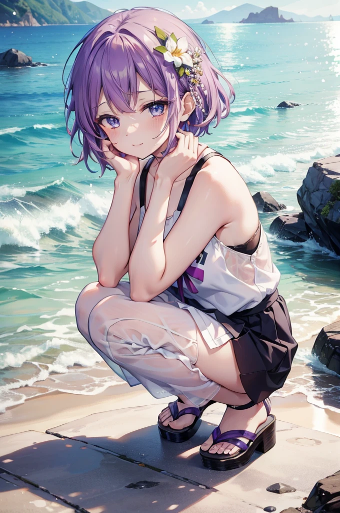 Harunasairenji, Haruna Sairenji, hair ornaments, (Purple eyes:1.1), Purple Hair, short hair, smile,blush,Open your mouth,White Tank Top,Long skirt,Cute Sandals,Standing with hands on knees,whole bodyがイラストに入るように,
break outdoors, Sandy Beach,Coastal Road,
break looking at viewer,whole body,
break (masterpiece:1.2), Highest quality, High resolution, unity 8k wallpaper, (shape:0.8), (Fine and beautiful eyes:1.6), Highly detailed face, Perfect lighting, Highly detailed CG, (Perfect hands, Perfect Anatomy),