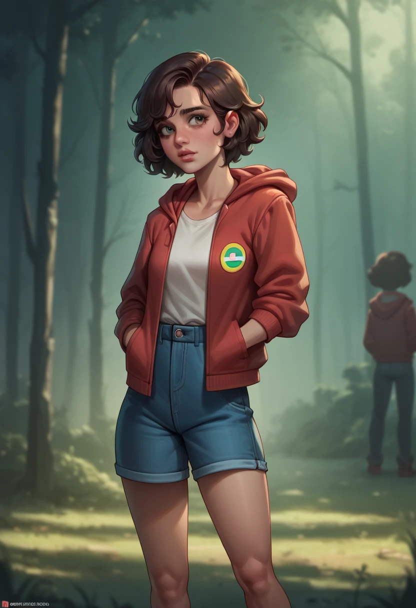Millie Bobby Brown, mbb, wearing a red jacket and a hood in a dark forrest, horror style, stranger things, netflix, (( millie bobby brown )) , eleven