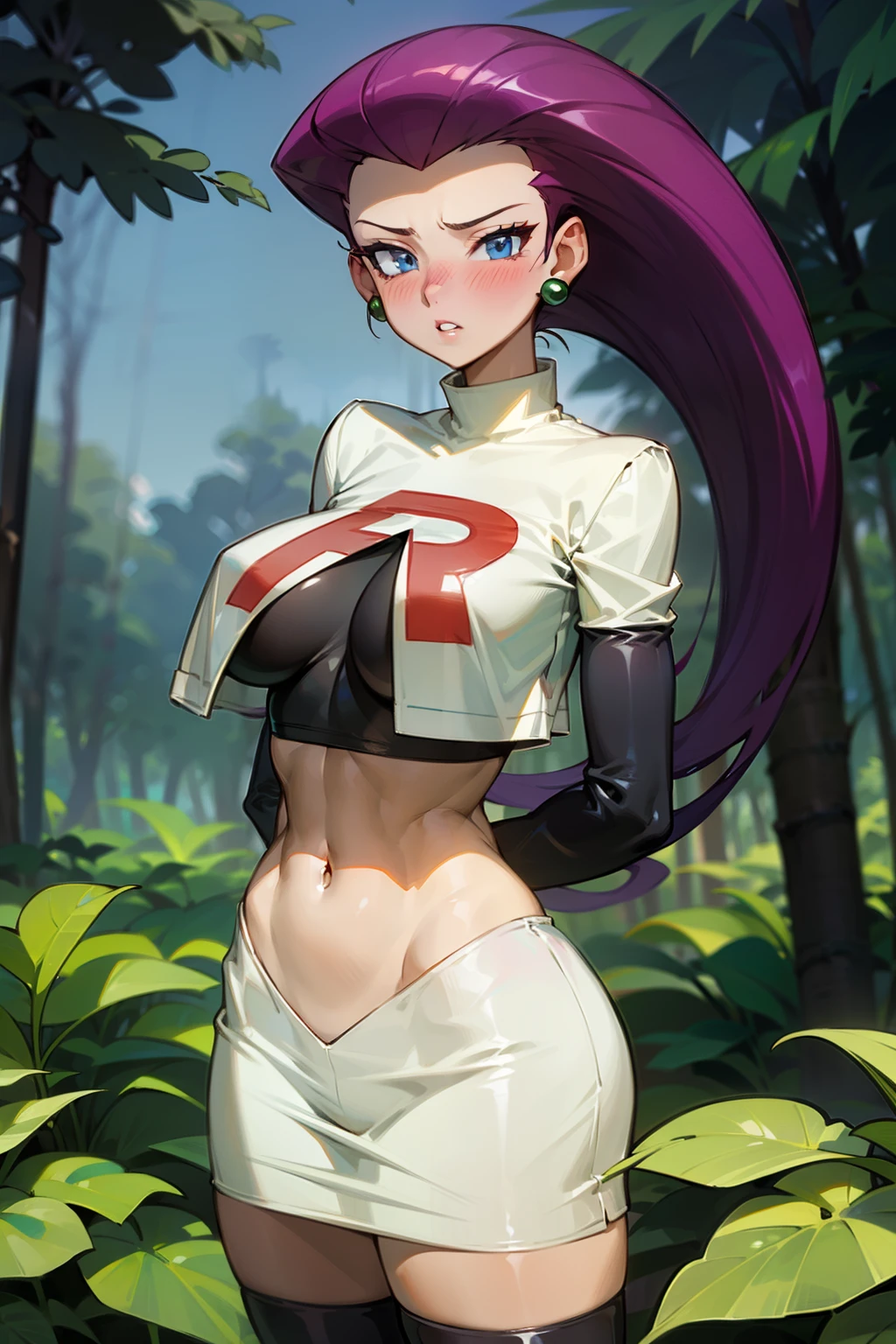 (Masterpiece), Best Quality, ultra-detailed, 1girl (jessie pokemon, Big and pretty breasts, naked body, purple hair, hair slicked back, long hair,blue eyes), a weary face ,facing viewer, looking at viewer, parted lips, nose  blush, blush, solo,team rocket uniform, white skirt, crop top, thighhighs, elbow gloves, underboob, in the forest, night time, standing, fold your hands 