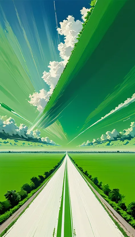 green, green sky, horizon, above, high sky, a white line towards the sky