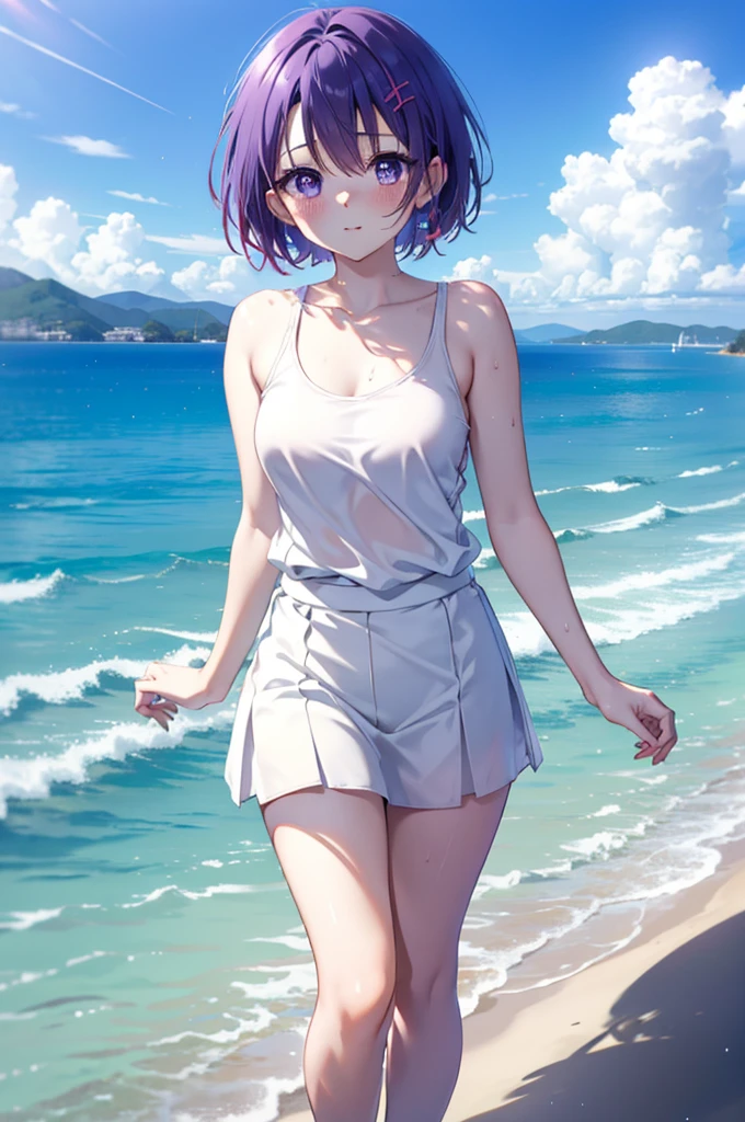 Harunasairenji, Haruna Sairenji, hair ornaments, (Purple eyes:1.1), Purple Hair, short hair, smile,blush,Open your mouth,White Tank Top,Long skirt,Cute Sandals,Standing with hands on knees,whole bodyがイラストに入るように,
break outdoors, Sandy Beach,Coastal Road,
break looking at viewer,whole body,
break (masterpiece:1.2), Highest quality, High resolution, unity 8k wallpaper, (shape:0.8), (Fine and beautiful eyes:1.6), Highly detailed face, Perfect lighting, Highly detailed CG, (Perfect hands, Perfect Anatomy),