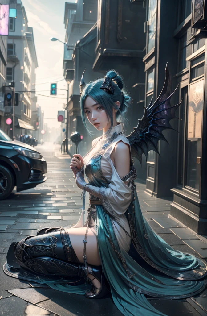 Anime girl with blue hair and horns on a street, 3D realistic anime, 2. 5 d cgi anime fantasy artwork, anime style 3d, anime style. 8k, 4k anime style, 3d style realistic anime, deviantart artstation cgscosiety, digital anime art, guweiz style art art, detailed digital anime art, white shirt, dragon wings