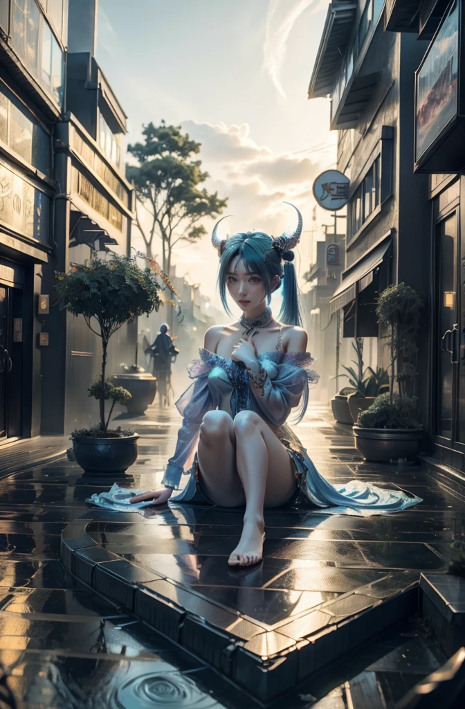 Anime girl with blue hair and horns on a street, 3D realistic anime, 2. 5 d cgi anime fantasy artwork, anime style 3d, anime style. 8k, 4k anime style, 3d style realistic anime, deviantart artstation cgscosiety, digital anime art, guweiz style art art, detailed digital anime art, white shirt, dragon wings