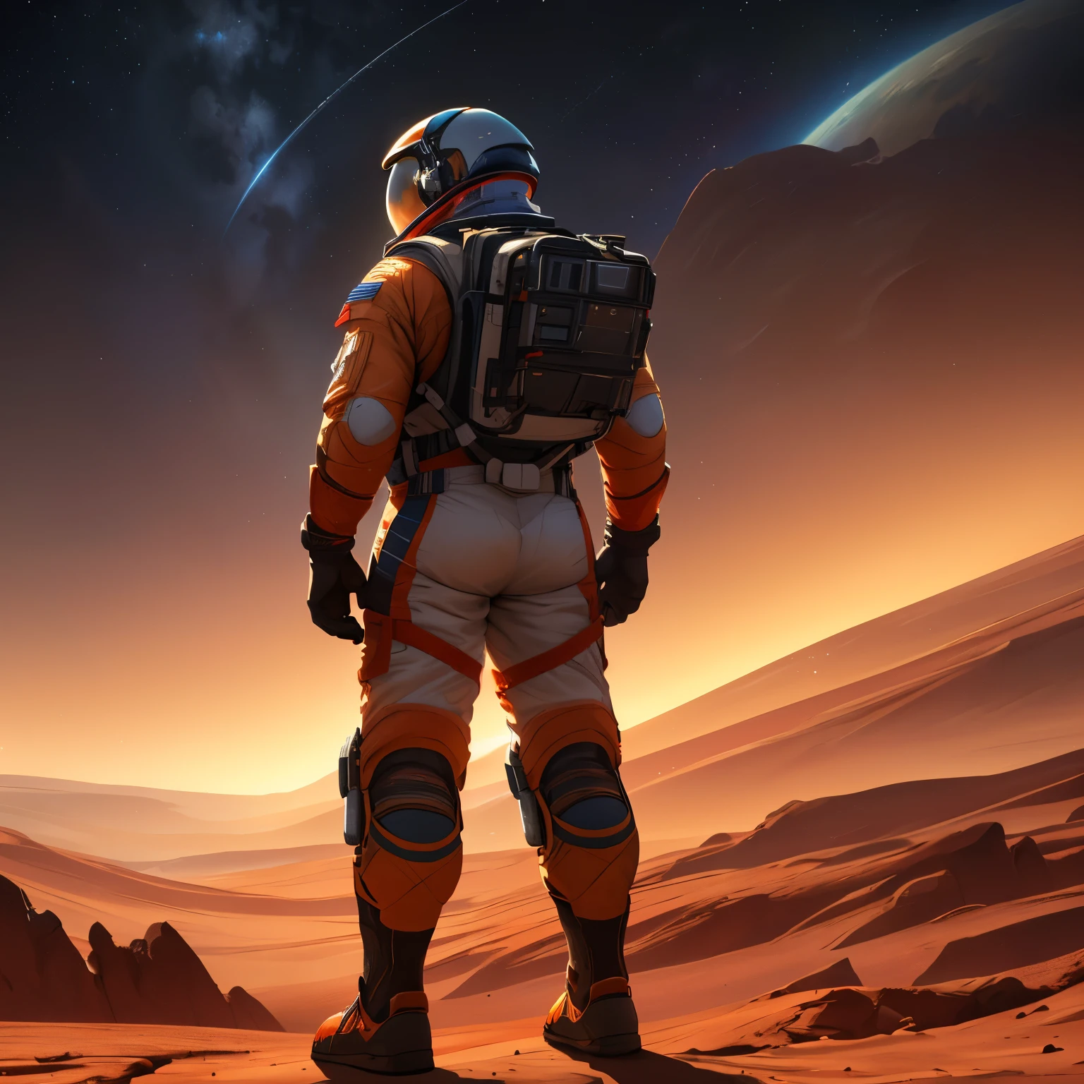 (best quality,8k,highres, masterpiece:1.2), ultra-detailed, HDR, UHD, studio lighting, ultra-fine painting, sharp focus, physically-based rendering, extreme detail description, professional, vivid colors, bokeh, portraits, concept artists, warm color palette, dramatic lighting,Astronaut, standing on Mars, Martian mountains in the distance,rear view,