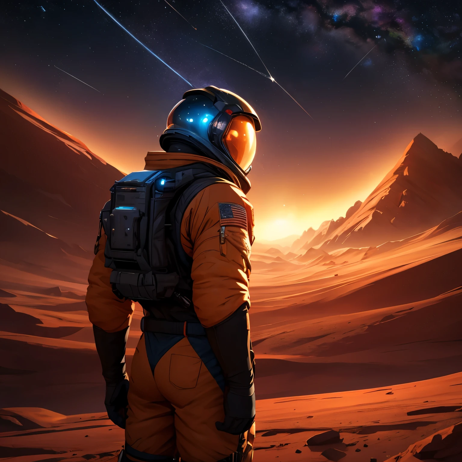 (best quality,8k,highres, masterpiece:1.2), ultra-detailed, HDR, UHD, studio lighting, ultra-fine painting, sharp focus, physically-based rendering, extreme detail description, professional, vivid colors, bokeh, portraits, concept artists, warm color palette, dramatic lighting,Astronaut, standing on Mars, Martian mountains in the distance, meteor shower in the sky overhead,rear view,