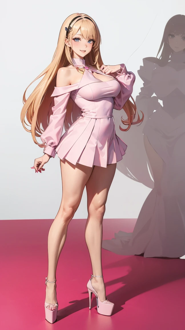 ((masterpiece, high resolution, better quality, better details)), ((Marin Kitagawa)), ((Smiling)), a girl modeling standing, mini skirt, blouse with long sleeves, ((big neckline)), ((platform high heels)), pink eyes with black outline, (light blonde hair, straight hair, straight bangs, long hair)), long nails, pink nails, (((curvy body))), shiny skin, ((side view)), solo, bare shoulders, full body, focus full body, high heels, ((White background)),