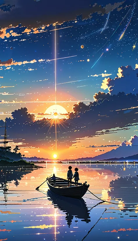 stars, people standing in a boat and sunset animation setting, space sky. por makoto shinkai, makoto shinkai cirilo rolando, mak...