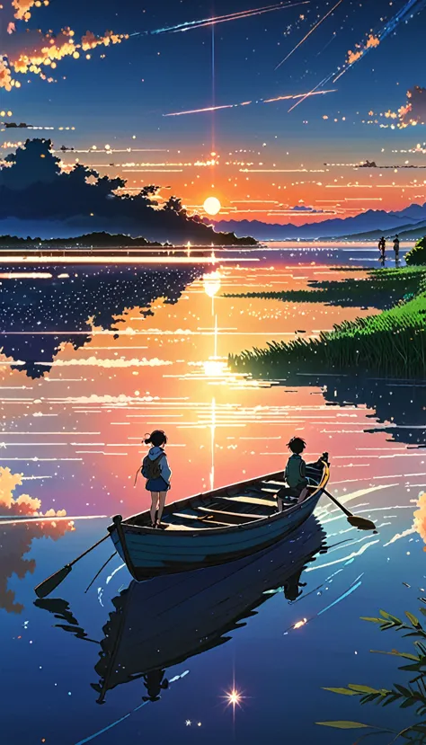 Stars, people standing in a boat and sunset animation setting, Space Sky. por Makoto Shinkai, Makoto Shinkai Cirilo Rolando, Mak...