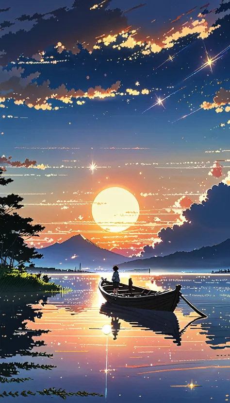 stars, people standing in a boat and sunset animation setting, space sky. por makoto shinkai, makoto shinkai cirilo rolando, mak...