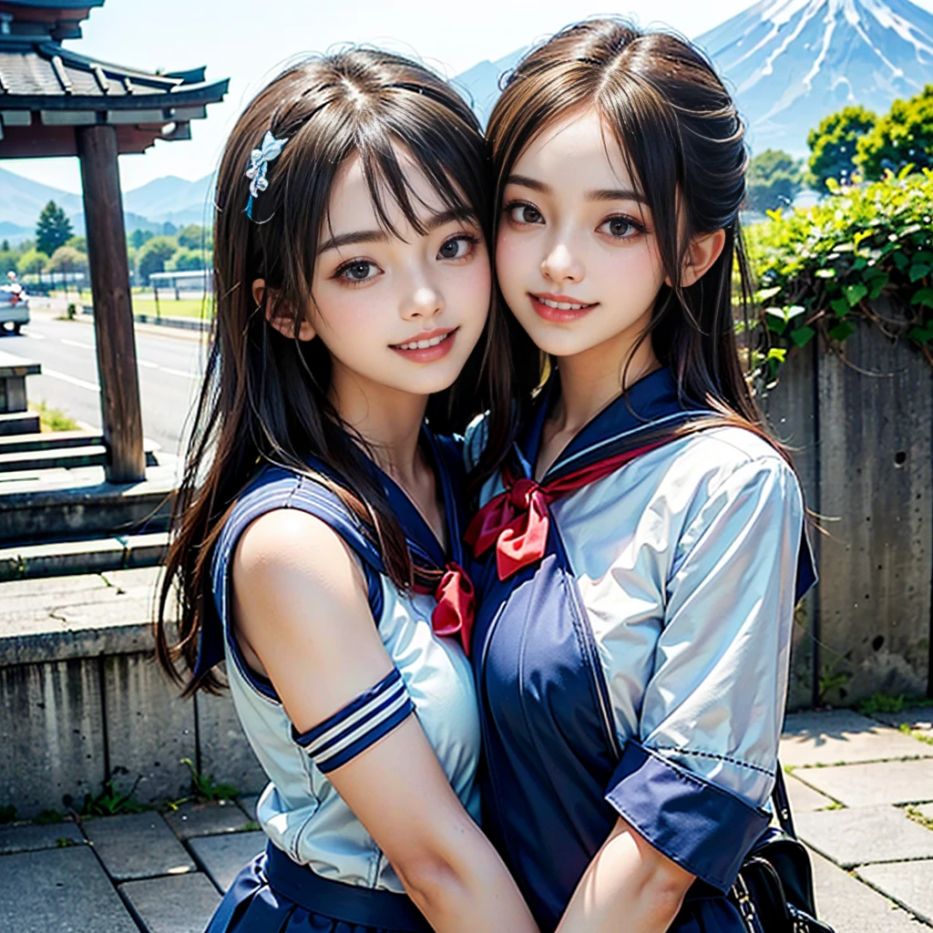 best quality, masterpiece, 

Three Japanese-high-school-girls, 

looking straight ahead, standing (separately:1.4), side by side, 

(short-sleeved Japanese-blue-high-school-sailor-suit:1.4),

 Reddish bow tie, with a school bag, 

((too much smile)), very cute, face, 

(Eyes Gleaming with Joy:1.5),


head and waist fully visible, (soft eyes:1.2)

upper arms hidden by clothes and hair, (innocent and pure high-school-girls:1.7)

, (The image shows only the upper body:1.7)

 (only one well-shaped beautiful mount Fuji:1.2), (shrine:1.2), summer(season) ,(outdoors:1.5),