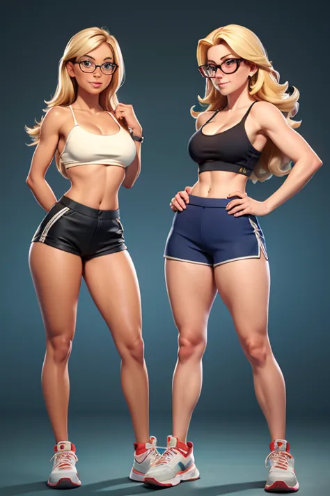 spaghetti strap crop top, glasses, blonde hair, booty shorts, thick thighs, navel, cleavage, tennis shoes