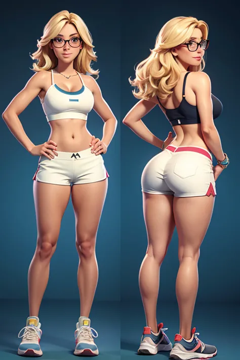 spaghetti strap crop top, glasses, blonde hair, booty shorts, thick thighs, navel, cleavage, tennis shoes