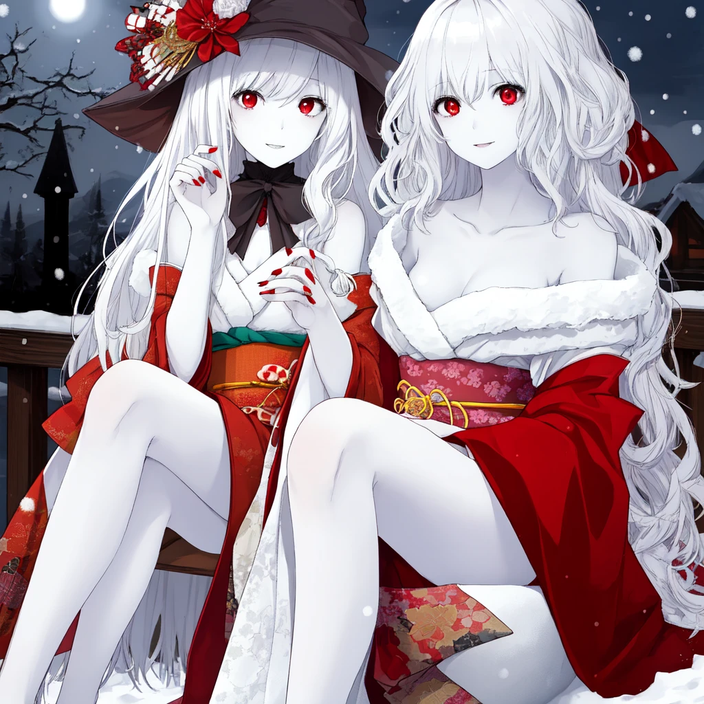 masterpiece、Highest quality，High resolution，snow-white skin、Pure white hair、Vampire Marisa、Red eyes、Pure white skin、Red nails、Kimono