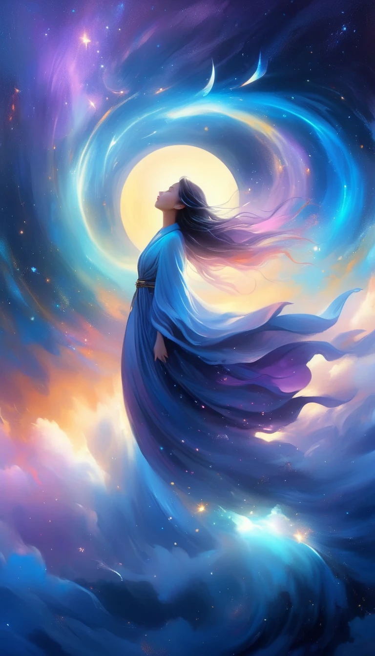 A beautiful woman standing on a cliff looking up at the starry sky, （Beautiful silhouette），Surrounded by a vortex of cosmic energy，Shrouded in a dreamy mist。Figure in flowing robe.，elegant，Light，Become one with the flow of heaven and earth。The sky is a tapestry of deep purples and blues，Star Light embellishment，The scenery below suggests softness、Rolling mountains，Astral Ether, Fantastic numbers, ethereal essence, Ethereal fantasy, Ethereal Beauty, Digital Art Fantasy, Beautiful fantasy painting, Beautiful fantasy art, Stunning fantasy art, Inspired by Cyril Rolando (Cyril Rolando), Fantasy art style, Gently rotating magical energy, Fantasy Numbers, Fantasy NumbersArt, Empty Mind, of Ethereal fantasy，Artistic beauty，Gold Line。Track gold。