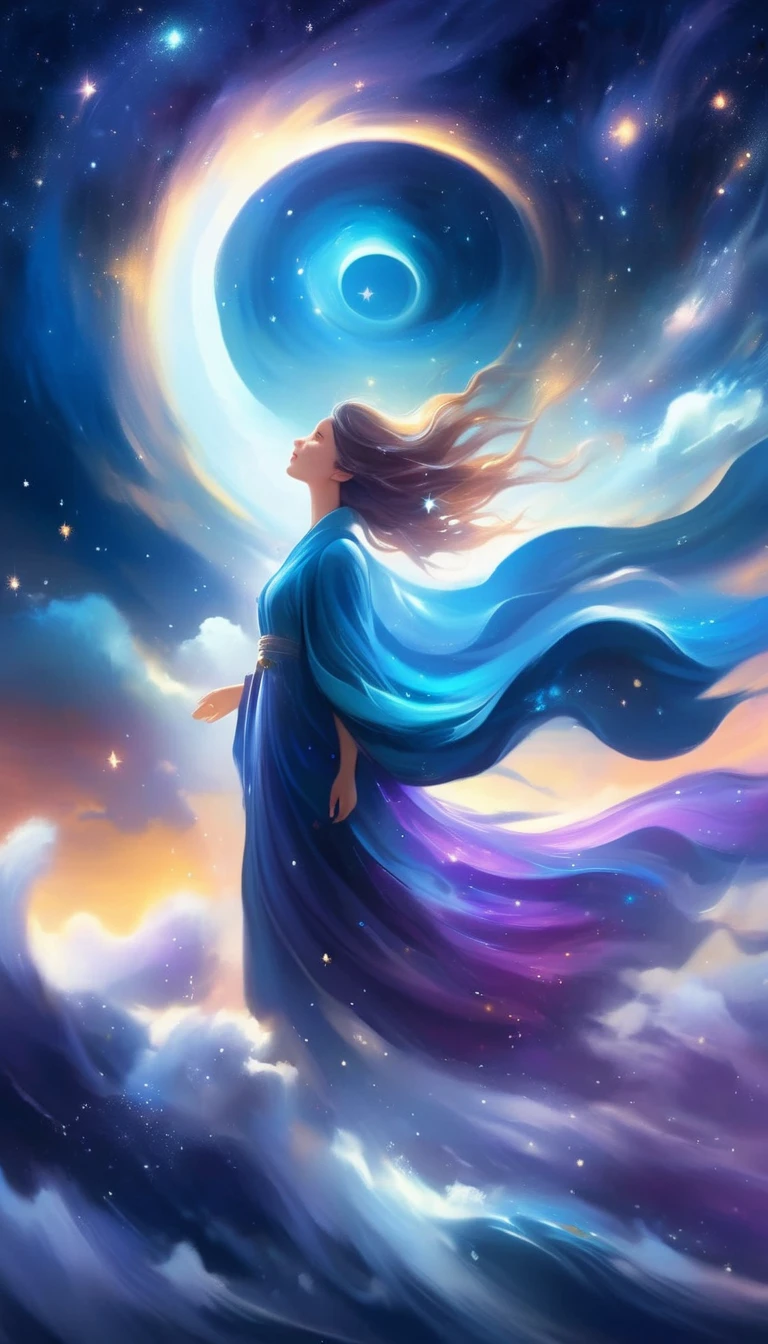 A beautiful woman standing on a cliff looking up at the starry sky, （Beautiful silhouette），Surrounded by a vortex of cosmic energy，Shrouded in a dreamy mist。Figure in flowing robe.，elegant，Light，Become one with the flow of heaven and earth。The sky is a tapestry of deep purples and blues，Star Light embellishment，The scenery below suggests softness、Rolling mountains，Astral Ether, Fantastic numbers, ethereal essence, Ethereal fantasy, Ethereal Beauty, Digital Art Fantasy, Beautiful fantasy painting, Beautiful fantasy art, Stunning fantasy art, Inspired by Cyril Rolando (Cyril Rolando), Fantasy art style, Gently rotating magical energy, Fantasy Numbers, Fantasy NumbersArt, Empty Mind, of Ethereal fantasy，Artistic beauty，Gold Line。Track gold。