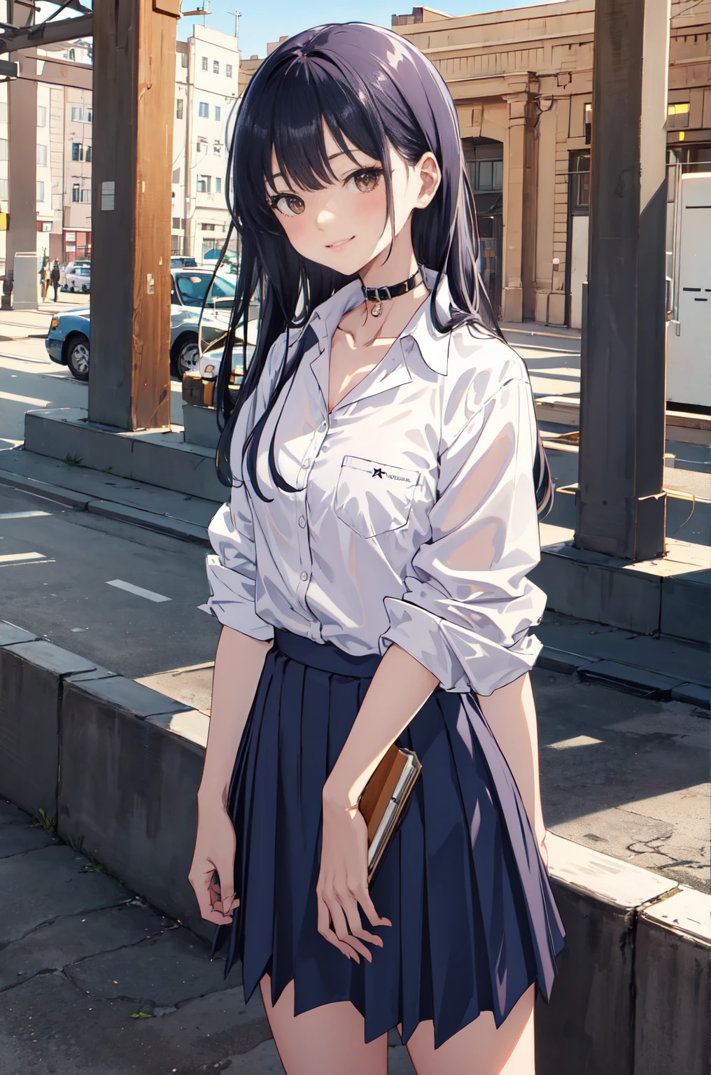 masterpiece, best quality, highres, aaanna, long hair, brown eyes, collarbone, collared shirt, white shirt, sleeves rolled up, pleated skirt, blue skirt, miniskirt, standing, cowboy shot, smile, outdoors,Wearing a dog collar, Naughty tattoo on the belly 