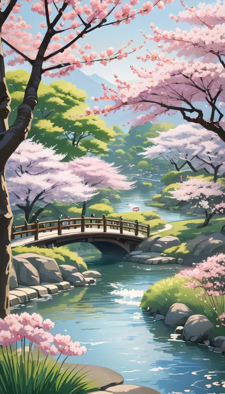 A traditional Japanese scene with paper umbrellas in a serene garden. Cherry blossom trees are in full bloom, and a gentle stream flows nearby. The umbrellas are painted with delicate, floral designs.