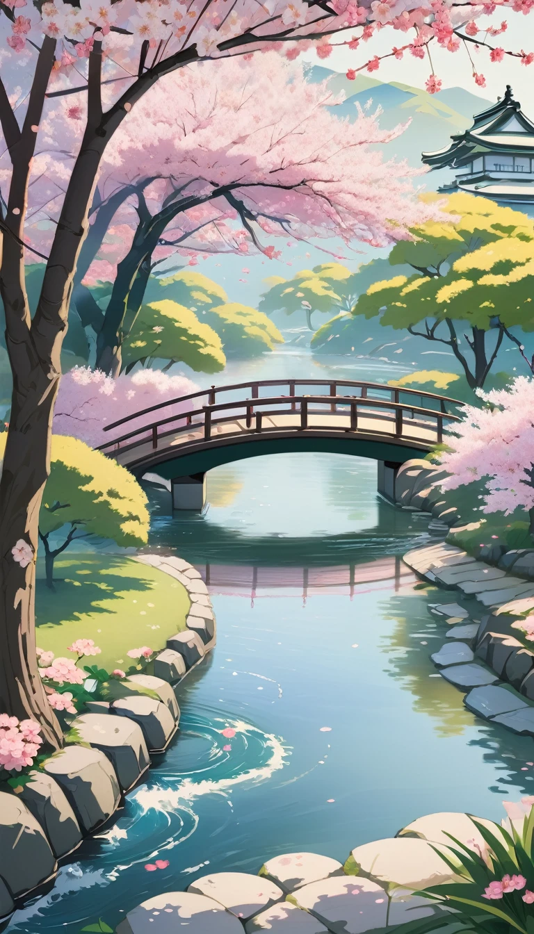 A traditional Japanese scene with paper umbrellas in a serene garden. Cherry blossom trees are in full bloom, and a gentle stream flows nearby. The umbrellas are painted with delicate, floral designs.