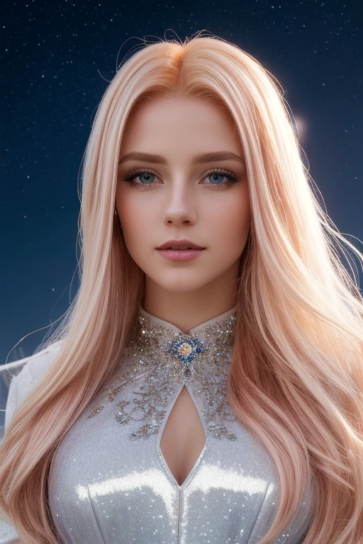 hair red gradient blonde, night sky, detailed face, face focus, shiny skin, game cg, nigh sky, moonlight, moon, white gloves, polish dress shirt glitter glass, Intricate Surface Detail, Crystal Core , Ethereal Fantasy, Realistic, Fiction, Full-HD, 8K Photo, HD,