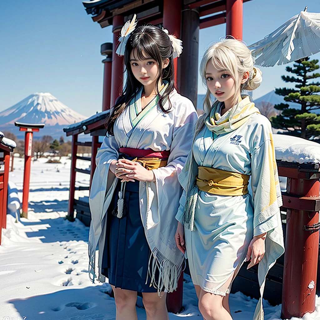 
best quality, masterpiece, 

Three Japanese high-school short girls with cute style, 

looking straight ahead and striking a gutsy pose are standing (separately:1.4), side by side, 

(High-school-girls with a white short scarf, a white feather shawl around her neck:1.5),

wearing a striking(yellow, red, blue, green) Japanese-kimono with a flower motif, (High-school-girls with a white short scarf, a white feather shawl around her neck:1.5),

 (High-school-girls who are almost the same height:1.7),

(Japanese-kimono:1.7),(innocent and pure high-school short girls:1.7),


((too much smile)), very cute, face, head and waist fully visible, 

upper arms hidden by clothes and hair, 

(only one well-shaped beautiful mount Fuji is completely covered with white snow from top to bottom:1.5), 

(vermilion shrine entrance:1.2), very thick and large pine trees, winter(season),

 Snow is accumulating on the roof and pine trees. ,(outdoors:1.5),
