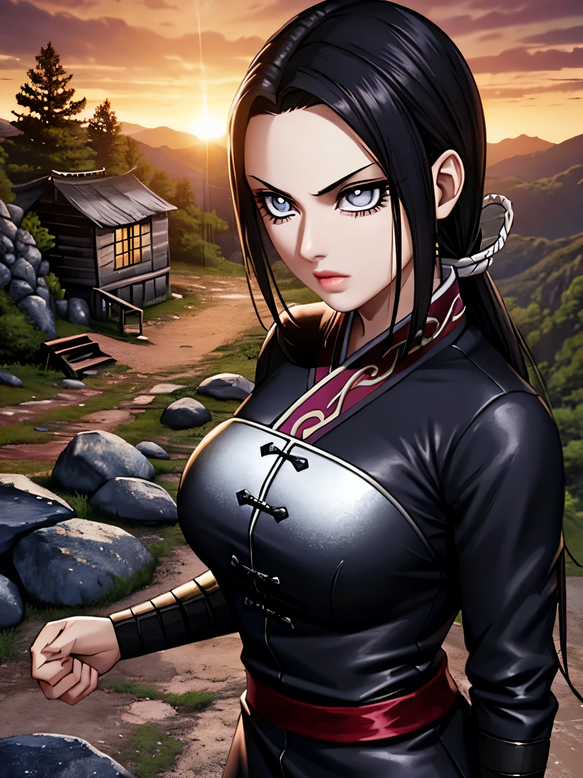 (highest quality:1.2, masterpiece), 8K, Professional Lighting, Cinematic Lighting, (1girl, 1bad man:1.5), Kaine, a character of Kingdom, (black hair color, low ponytail), (white Chinese clothes under white breast plate, armored iron boots), ((ultra realistic exterior of abandoned hut, ultra detailed exterior of abandoned hut, in ancient China, mountain view, trees, grasses, rocks)), (((sunset time, dark atmosphere))), ultra slim waist, thin body, perfect slim body style, ultra huge breasts, ultra huge cleavages, ultra huge tits, ultra huge boob, standing, in front of abandoned hut, outdoors, looking at viewer, better eyes, perfect eyes, 