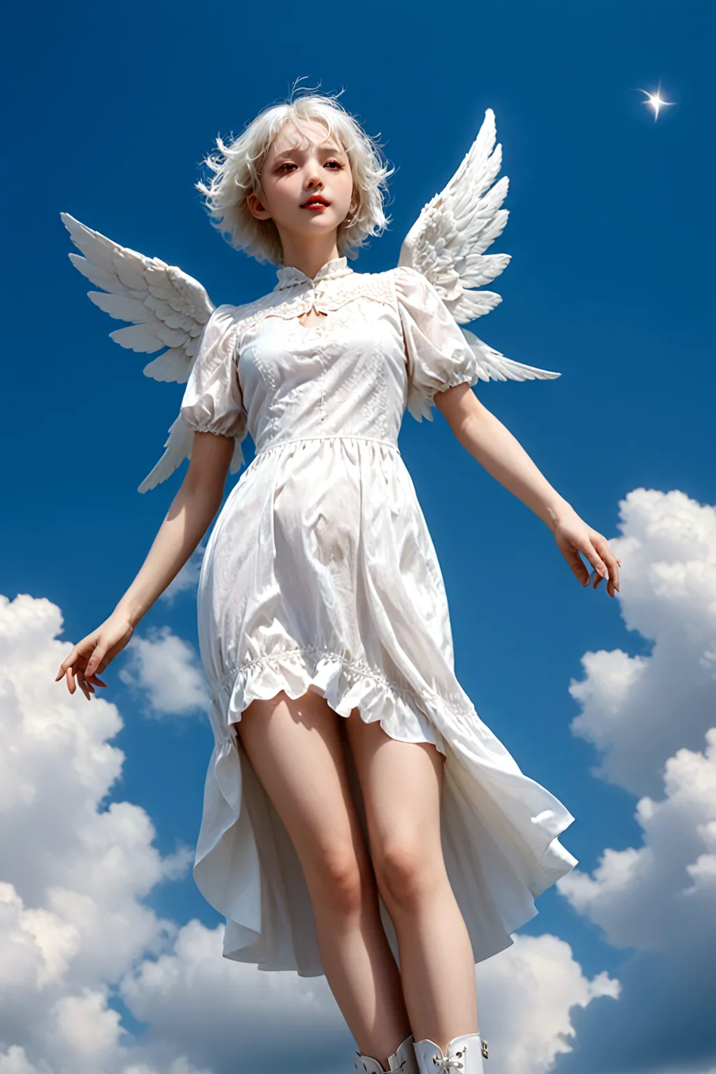 woman floating in the blue sky, full body, full body, full body, bjd, doll joints, doll joints, doll joints, shiny white porcela...