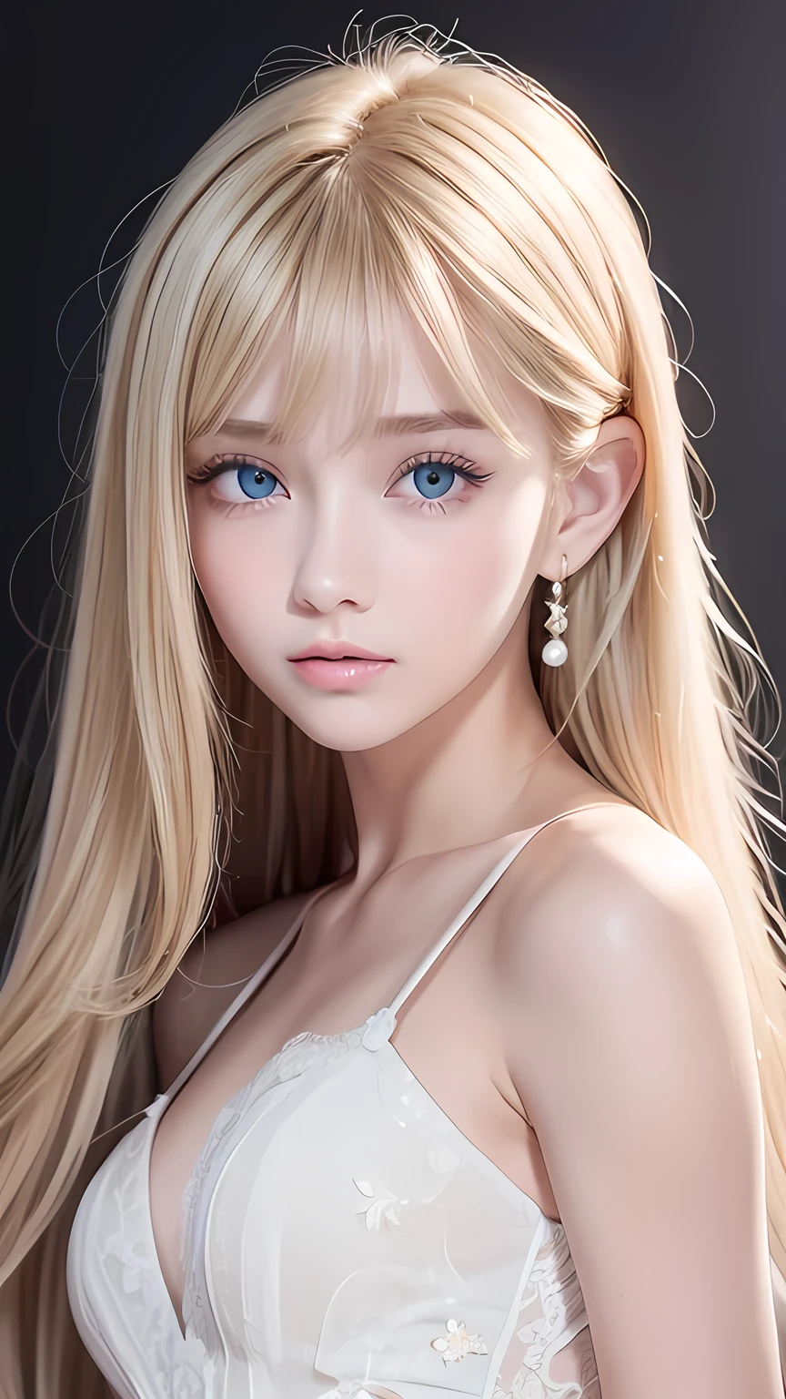 Highest quality, masterpiece, (Reality: 1.2), A beautiful blonde 14-year-old girl, Super long, dazzling, beautiful blonde hair, Very beautiful, large, shining, light blue eyes, Front view, Detailed face, beautiful very big eyes、bangs over eyes、片bangs over eyes、Blonde hair between the eyes、Very white skin、Glossy skin、Cheek gloss highlighter、Small Face Girl、Round face