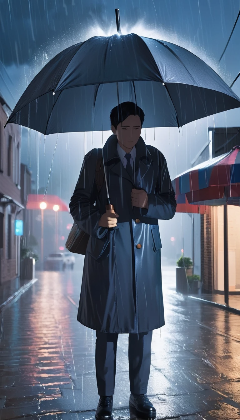 An umbrella shielding someone from a heavy downpour on a stormy night. The sky is dark with flashes of lightning, and the rain is pouring down heavily. The umbrella is sturdy and provides a small haven from the storm.