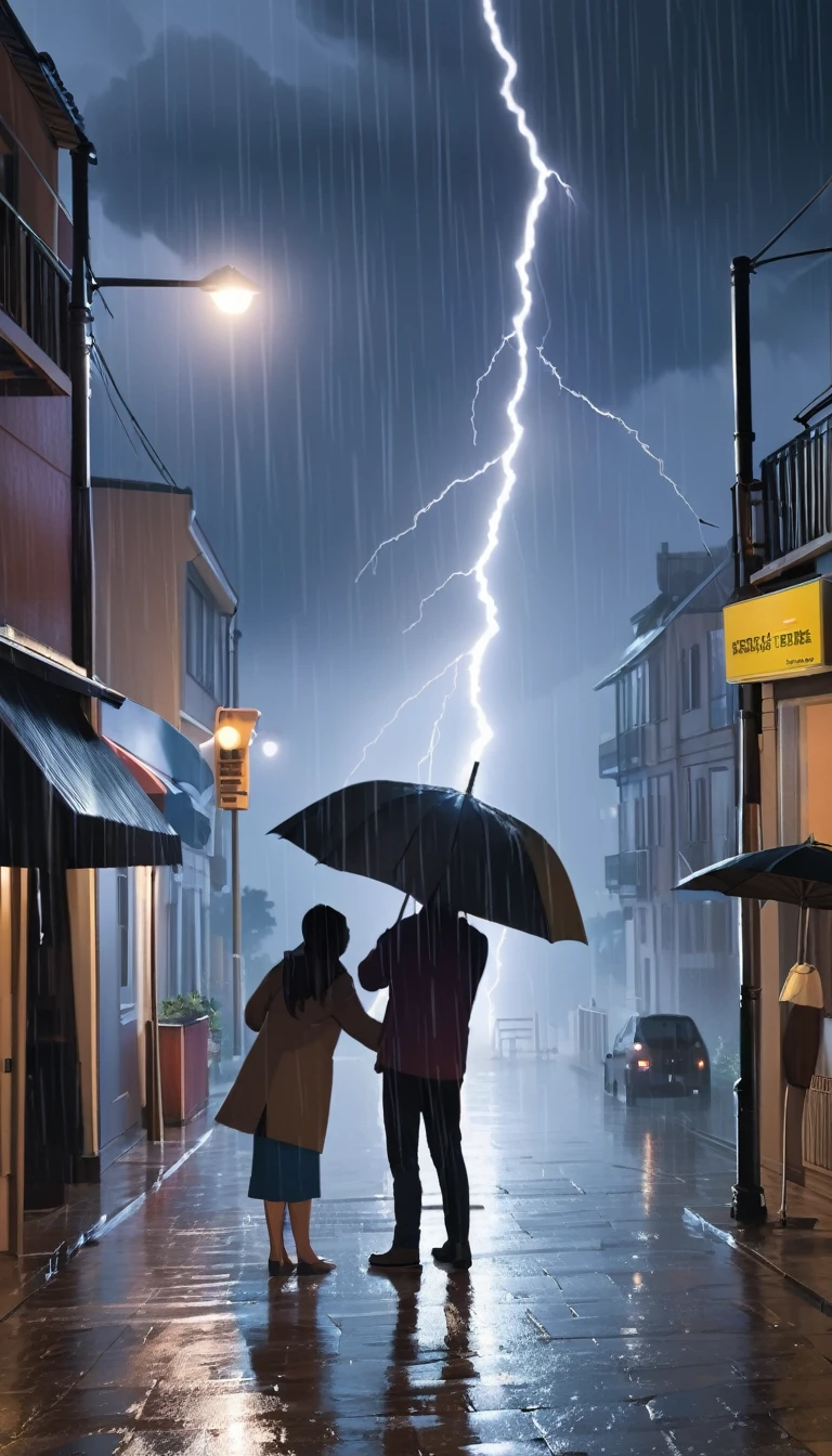 An umbrella shielding someone from a heavy downpour on a stormy night. The sky is dark with flashes of lightning, and the rain is pouring down heavily. The umbrella is sturdy and provides a small haven from the storm.