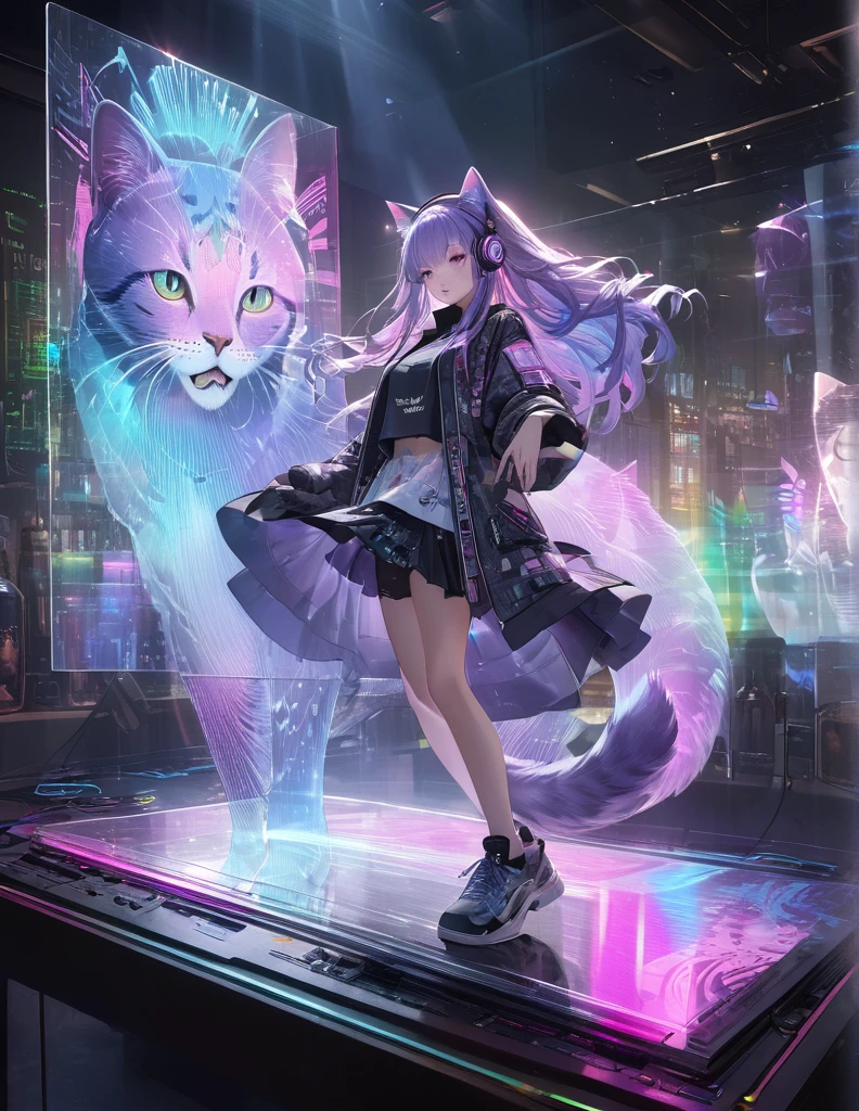 Full color, (transparency:2.0), 
BREAK Ultra-realism, Detailed and realistic skin texture, Detailed and intricate texture, Detailed and intricate brushwork, Detailed and clear depiction, Transparent depiction, aesthetic, 
Girl with cat, DJ girl in a club, cyber punk, White and purple gradient braided long hair, Neon holographic transparent cat dancing like a human, BREAK Neon Art Background, Cinematic lighting effects, Transparent light, Mysterious Light, Fantastic Fog, Cryptical, 
BREAK ((Phantasmal iridescent, holographic)), (Detailed and transparent depiction, transparency:1.6), 