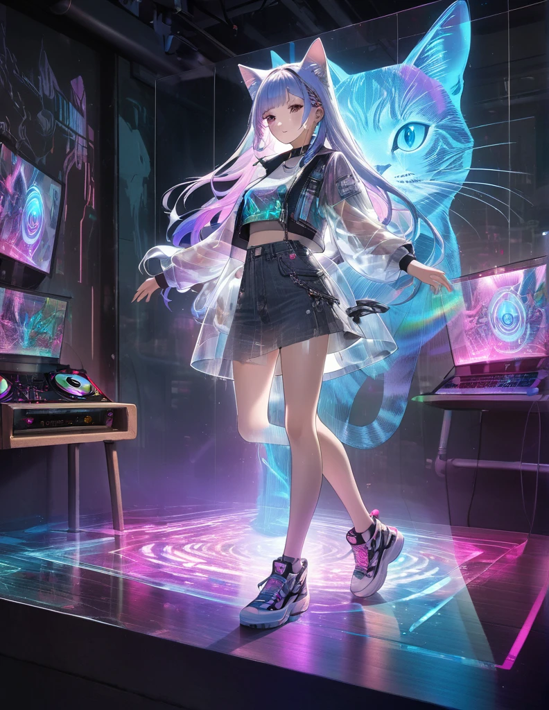 Full color, (transparency:2.0), 
BREAK Ultra-realism, Detailed and realistic skin texture, Detailed and intricate texture, Detailed and intricate brushwork, Detailed and clear depiction, Transparent depiction, aesthetic, 
Girl with cat, DJ girl in a club, cyber punk, White and purple gradient braided long hair, Neon holographic transparent cat dancing like a human, BREAK Neon Art Background, Cinematic lighting effects, Transparent light, Mysterious Light, Fantastic Fog, Cryptical, 
BREAK ((Phantasmal iridescent, holographic)), (Detailed and transparent depiction, transparency:1.6), 