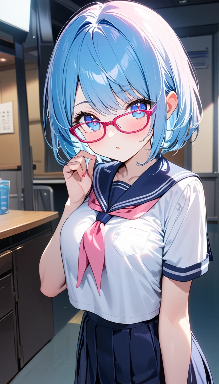 (1 girl),(Best Picture Quality, 8K, Masterpiece:1.3), (high school student:1.5), (pink lob hair:1.1), [skyblue hair:0.1], (bob cut),(swept bangs), (cute eyes, pupil black, iris skyblue, youthful face), (mole under right eye), (standard weight), (medium breasts), (glistening skin:1.1),(pale skin:1.2), ((serafuku, white sailor short sleeve simple shirt, darkblue skirt, darkblue sailor collar, pink ribbon)), (under-rim pink glasses, wayfarer glasses)