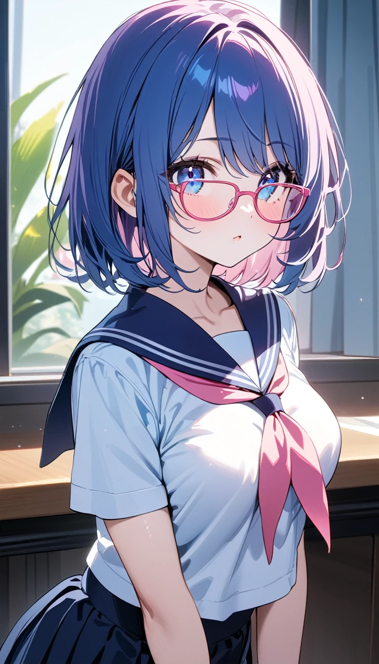 (1 girl),(Best Picture Quality, 8K, Masterpiece:1.3), (high school student:1.5), (pink lob hair:1.1), [skyblue hair:0.1], (bob cut),(swept bangs), (cute eyes, pupil black, iris skyblue, youthful face), (mole under right eye), (standard weight), (medium breasts), (glistening skin:1.1),(pale skin:1.2), ((serafuku, white sailor short sleeve simple shirt, darkblue skirt, darkblue sailor collar, pink ribbon)), (under-rim pink glasses, wayfarer glasses)