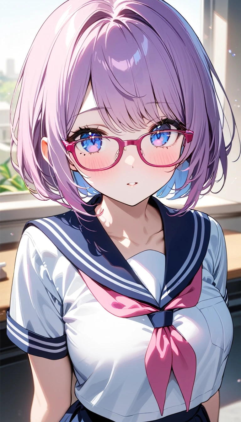 (1 girl),(Best Picture Quality, 8K, Masterpiece:1.3), (high school student:1.5), (pink lob hair:1.1), [skyblue hair:0.1], (bob cut),(swept bangs), (cute eyes, pupil black, iris skyblue, youthful face), (mole under right eye), (standard weight), (medium breasts), (glistening skin:1.1),(pale skin:1.2), ((serafuku, white sailor short sleeve simple shirt, darkblue skirt, darkblue sailor collar, pink ribbon)), (under-rim pink glasses, wayfarer glasses)