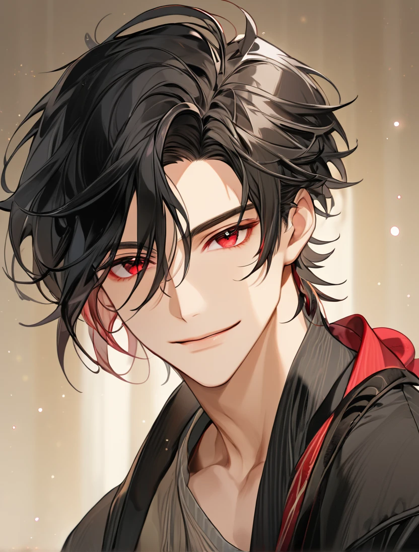 (Black_Hair), (red_ruby_eyes), (Handsome), (attractive), (male), (close_up_shot), (detailed_eyes), (detailed_hair), (clean_hair), (carefree_expression), (vertical_pupils), (peaceful_atmosphere), (majestic_jawline)