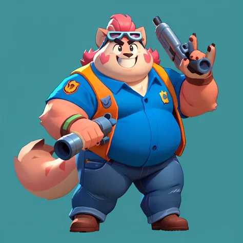 an obese anthropomorphic owl, wearing a blue polo shirt and jeans, carrying two blaster pistols, in a victory pose, smiling