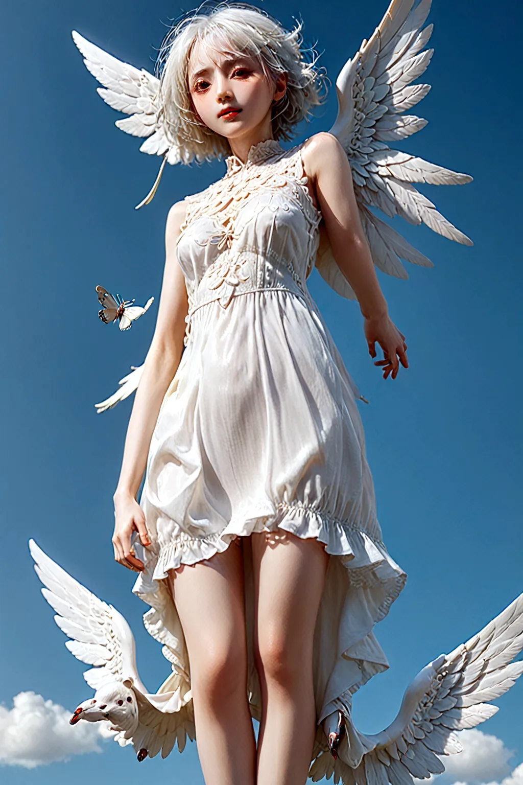 woman floating in the blue sky, full body, full body, full body, bjd, doll joints, doll joints, doll joints, shiny white porcela...